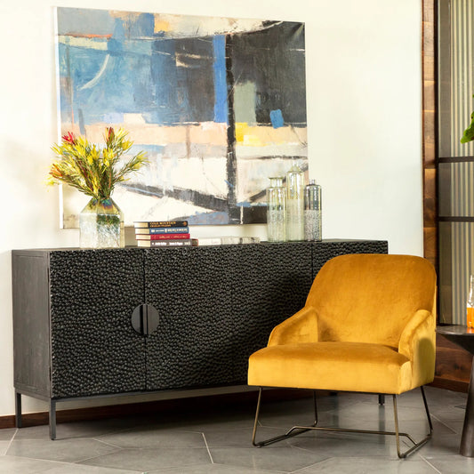 Melvin Black Reclaimed Pine 4-Door Sideboard by Arch & Plane in black. Made from reclaimed pine in a modern style.