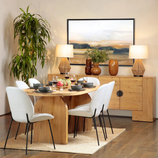 Quincy Modern Oval Dining Table by Arch & Plane in natural, brown and clear natural wood sealed finish. Made from white oak wood in a modern style.