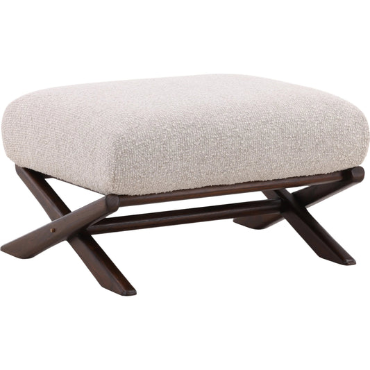 Wesson Ottoman by Arch & Plane in cream, brown. Made from boucle fabric, mindi wood in a unique style.