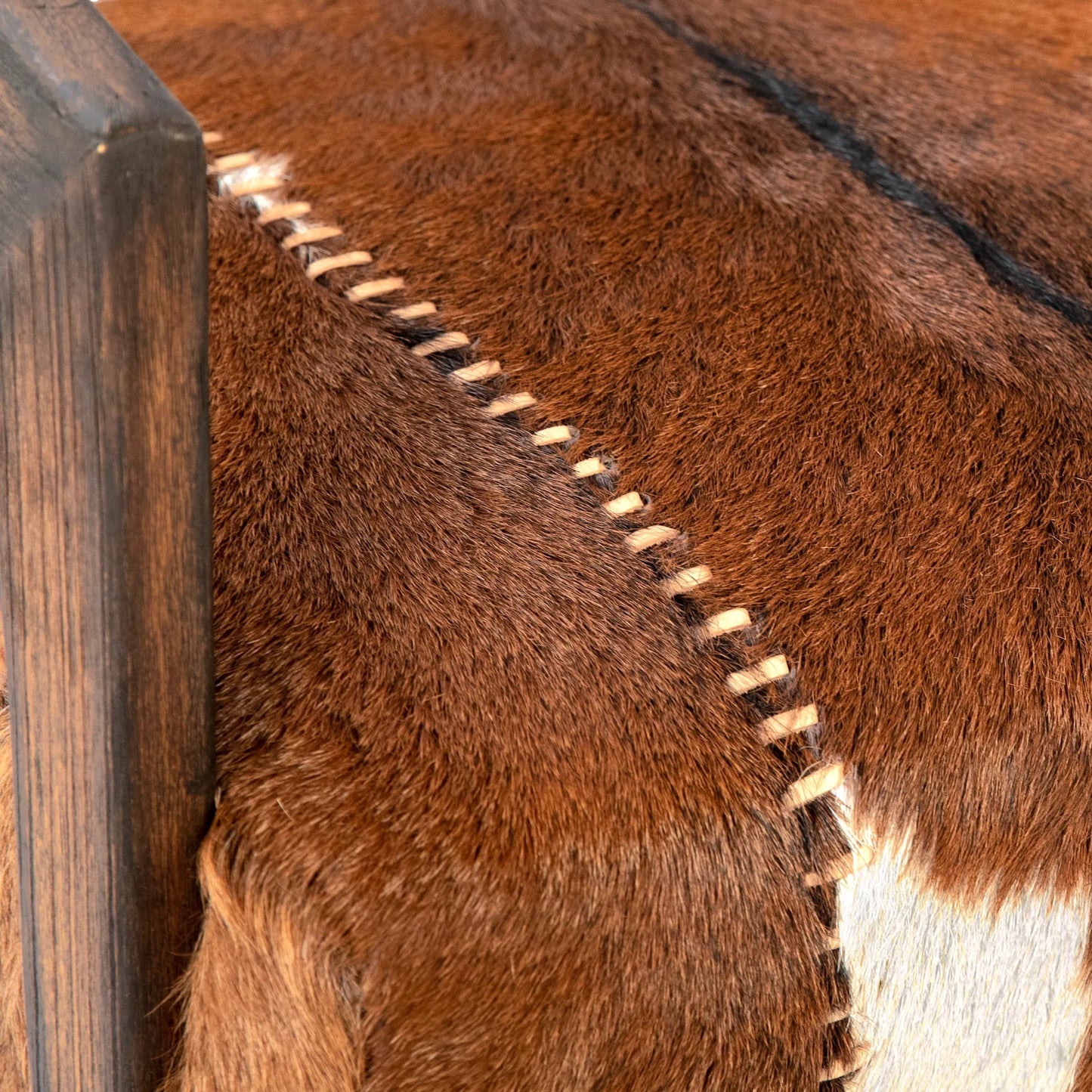 003 SI-2350527 | Closeup | Michell Occasional Chair by Arch & Plane in natural brown finish. Made from goat hide, mindi wood in a cottage & farmhouse style.