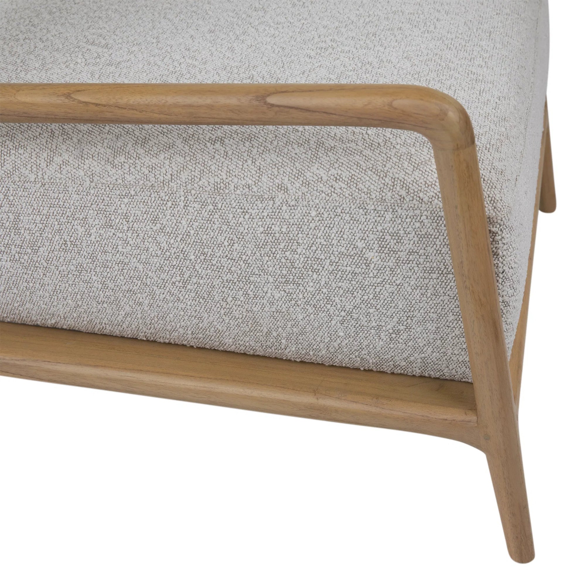 Donney Occasional Chair by Arch & Plane in cream boucle upholstery, natural wood. Made from polyester blend upholstery, mindi wood frame in a unique style.