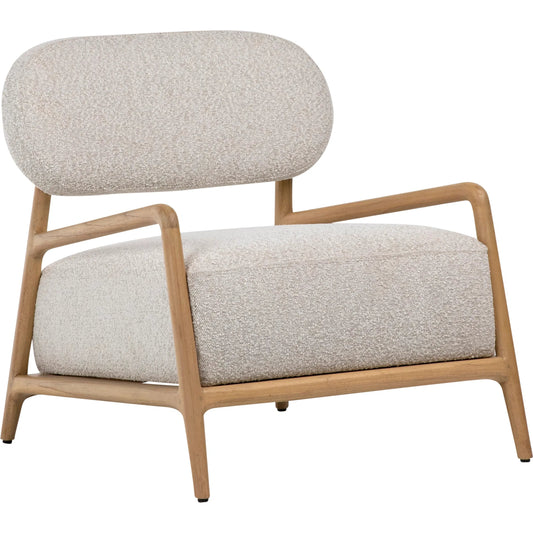 Donney Occasional Chair by Arch & Plane in cream boucle upholstery, natural wood. Made from polyester blend upholstery, mindi wood frame in a unique style.