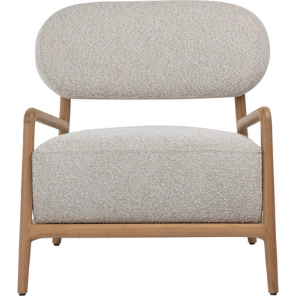 Donney Occasional Chair by Arch & Plane in cream boucle upholstery, natural wood. Made from polyester blend upholstery, mindi wood frame in a unique style.