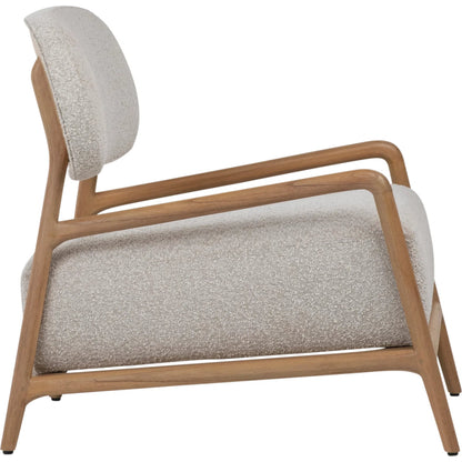 Donney Occasional Chair by Arch & Plane in cream boucle upholstery, natural wood. Made from polyester blend upholstery, mindi wood frame in a unique style.
