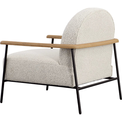 Blake Occasional Chair by Arch & Plane in black metal frame with natural wood armrests, beige boucle fabric. Made from mindi wood, metal frame with polyester blend upholstery in a transitional style.