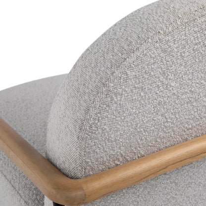 Blake Occasional Chair by Arch & Plane in black metal frame with natural wood armrests, beige boucle fabric. Made from mindi wood, metal frame with polyester blend upholstery in a transitional style.