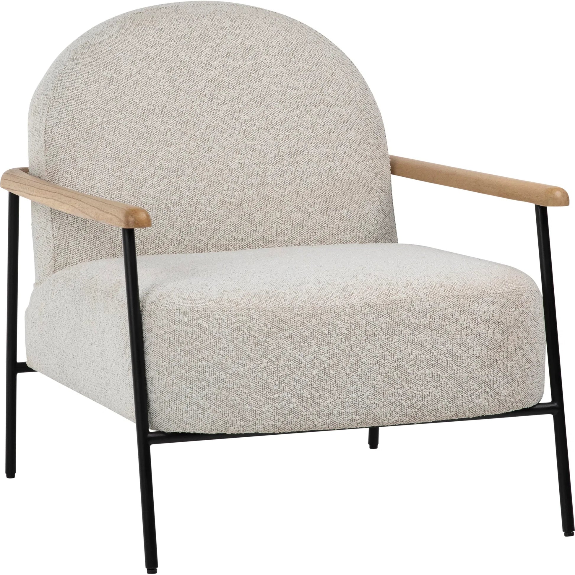 Blake Occasional Chair by Arch & Plane in black metal frame with natural wood armrests, beige boucle fabric. Made from mindi wood, metal frame with polyester blend upholstery in a transitional style.