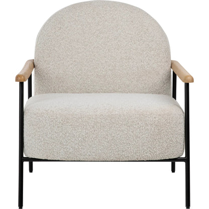 Blake Occasional Chair by Arch & Plane in black metal frame with natural wood armrests, beige boucle fabric. Made from mindi wood, metal frame with polyester blend upholstery in a transitional style.