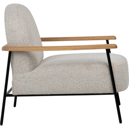 Blake Occasional Chair by Arch & Plane in black metal frame with natural wood armrests, beige boucle fabric. Made from mindi wood, metal frame with polyester blend upholstery in a transitional style.