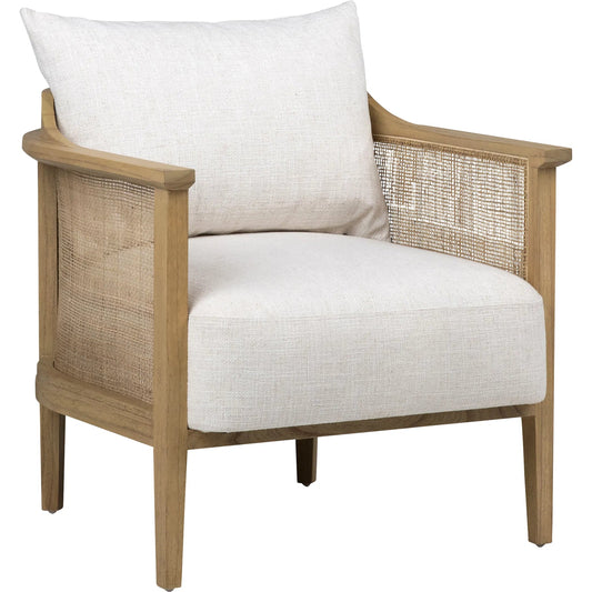 Miera Occasional Chair by Arch & Plane in natural finish, off white upholstery. Made from mindi wood with rattan, polyester blend upholstery in a unique style.