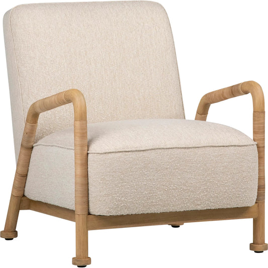 Clyde Occasional Chair by Arch & Plane in ivory upholstery, natural frame. Made from boucle upholstery, mindi wood, rattan in a unique style.