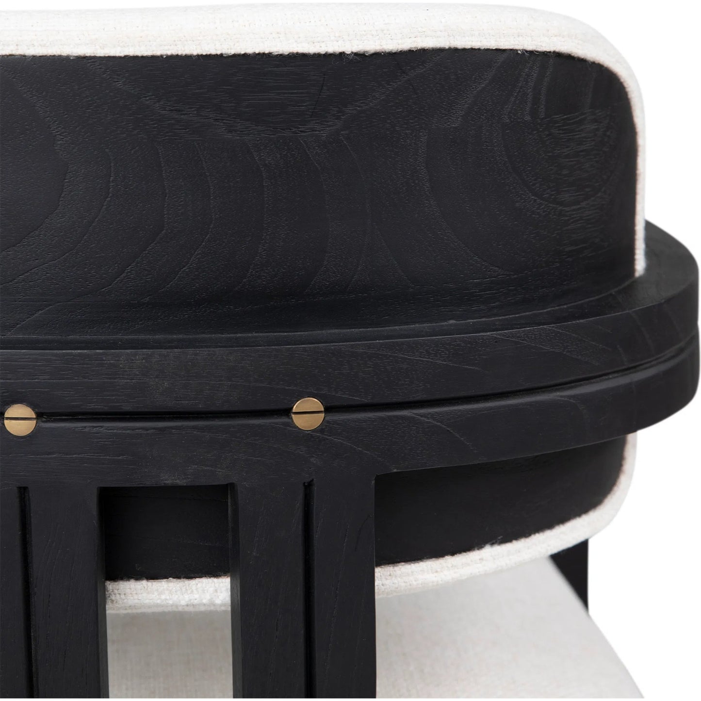 005 SI-2350536 | Closeup | Cali Dining Chair by Arch & Plane in off white, black frame. Made from polyester blend upholstery, mindi wood in a transitional style.