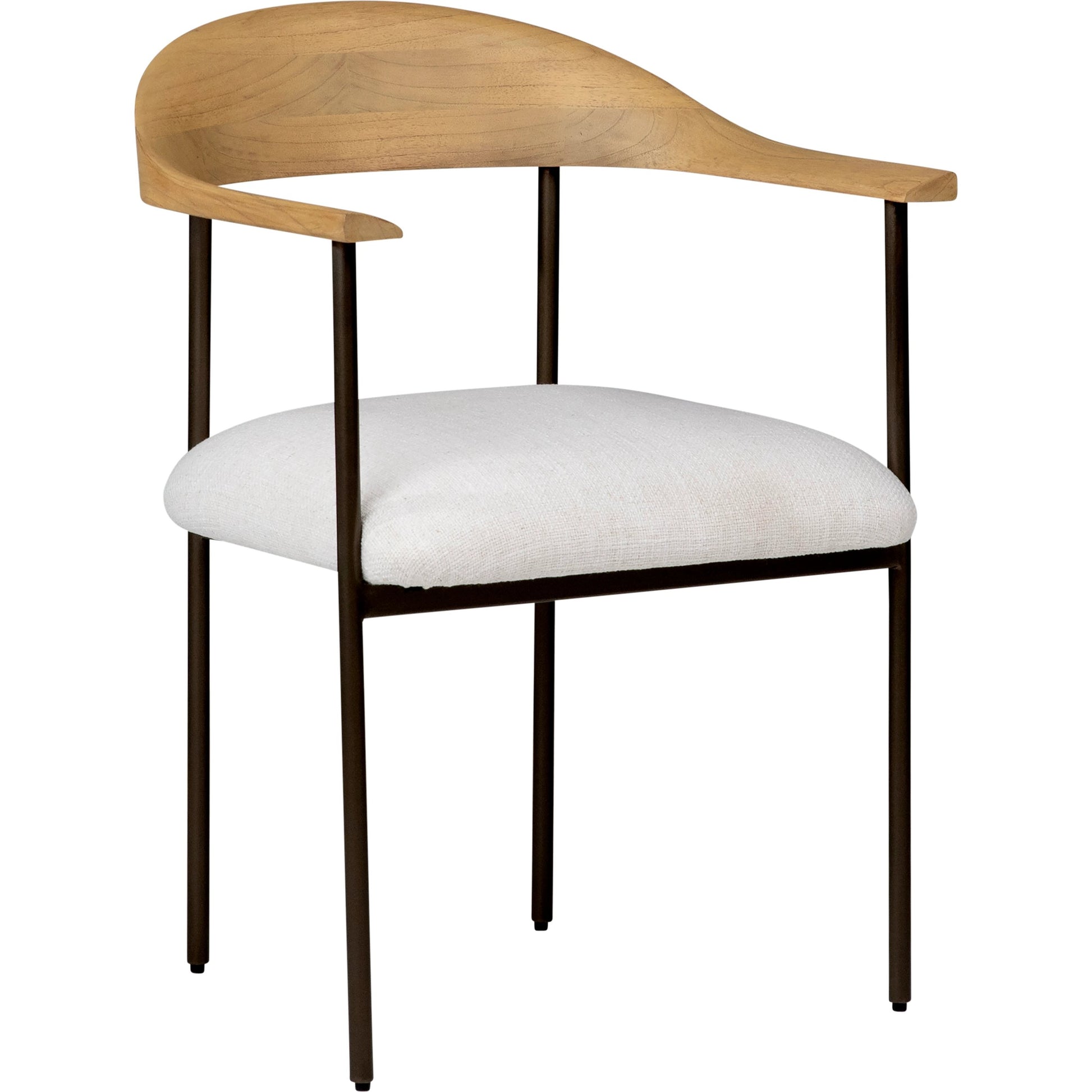 Encinitas Dining Chair by Arch & Plane in white, brown, black and natural wood with gunmetal frame, off-white poly blend upholstery finish. Made from mindi wood with metal, upholstered seat in a modern style.