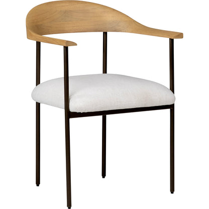 Encinitas Dining Chair by Arch & Plane in white, brown, black and natural wood with gunmetal frame, off-white poly blend upholstery finish. Made from mindi wood with metal, upholstered seat in a modern style.