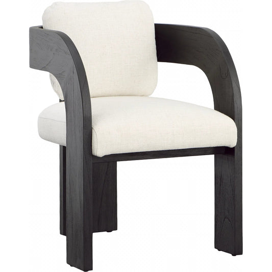 Maravi Dining Chair by Arch & Plane in cream, black. Made from linen blend upholstery, mindi wood frame in a unique style.
