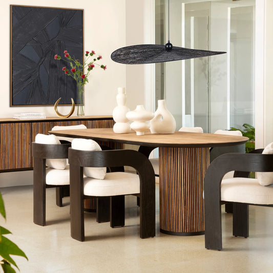 Maravi Dining Chair by Arch & Plane in cream, black. Made from linen blend upholstery, mindi wood frame in a unique style.