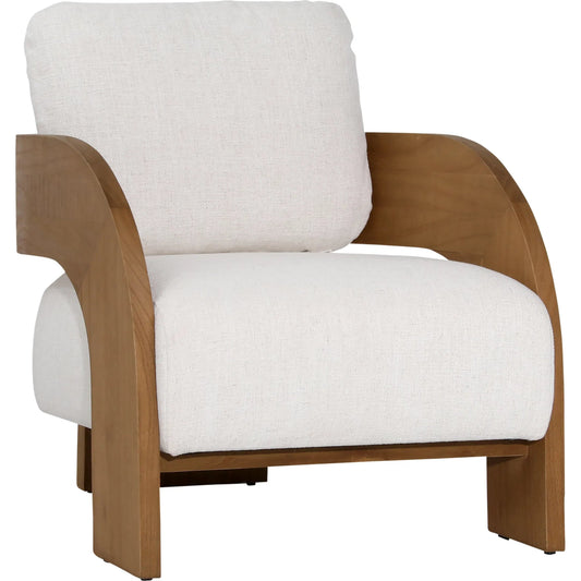 Dakota Curved Accent Chair by Arch & Plane in beige, natural. Made from linen blend upholstery, mindi wood in a unique style.