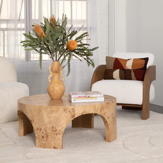 Dakota Curved Accent Chair by Arch & Plane in beige, natural. Made from linen blend upholstery, mindi wood in a unique style.