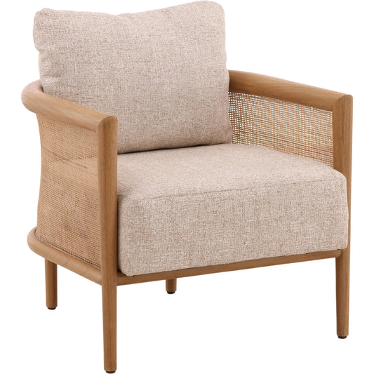 Freida Occasional Chair by Arch & Plane in field fawn, natural. Made from tweed fabric, mindi wood, rattan in a unique style.