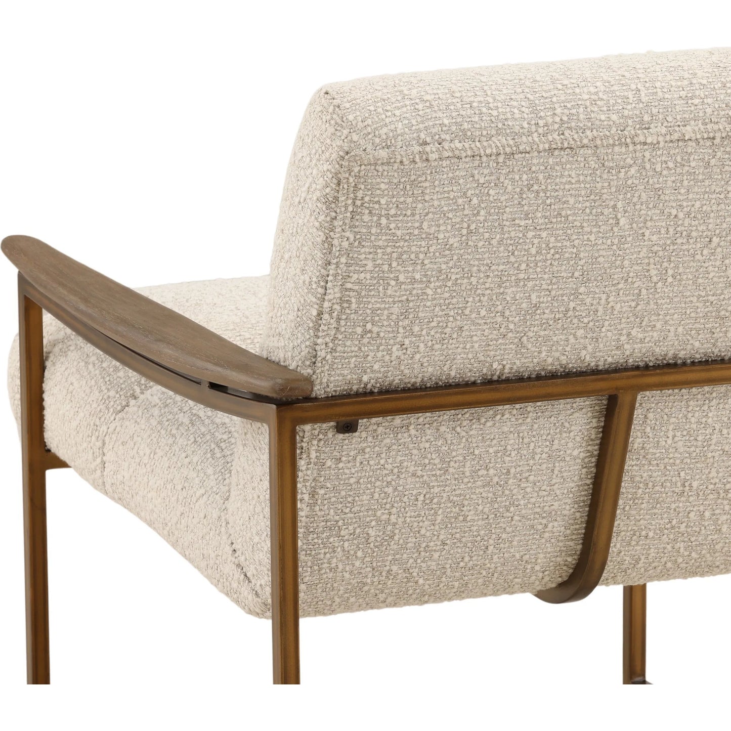 005 SI-2440500 | Closeup | Nicole Occasional Chair Cream by Arch & Plane in barley cream, brown, bronze. Made from boucle fabric, mindi wood, metal in a transitional style.