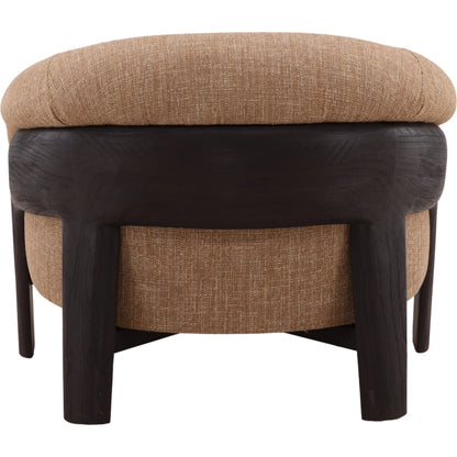 Rosella Occasional Chair by Arch & Plane in brown, dark brown. Made from burlap fabric, mindi wood in a unique style.