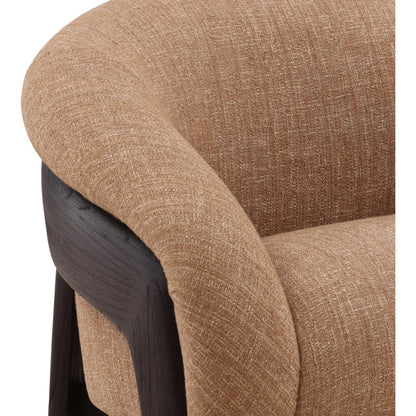 Rosella Occasional Chair by Arch & Plane in brown, dark brown. Made from burlap fabric, mindi wood in a unique style.
