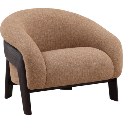 Rosella Occasional Chair by Arch & Plane in brown, dark brown. Made from burlap fabric, mindi wood in a unique style.