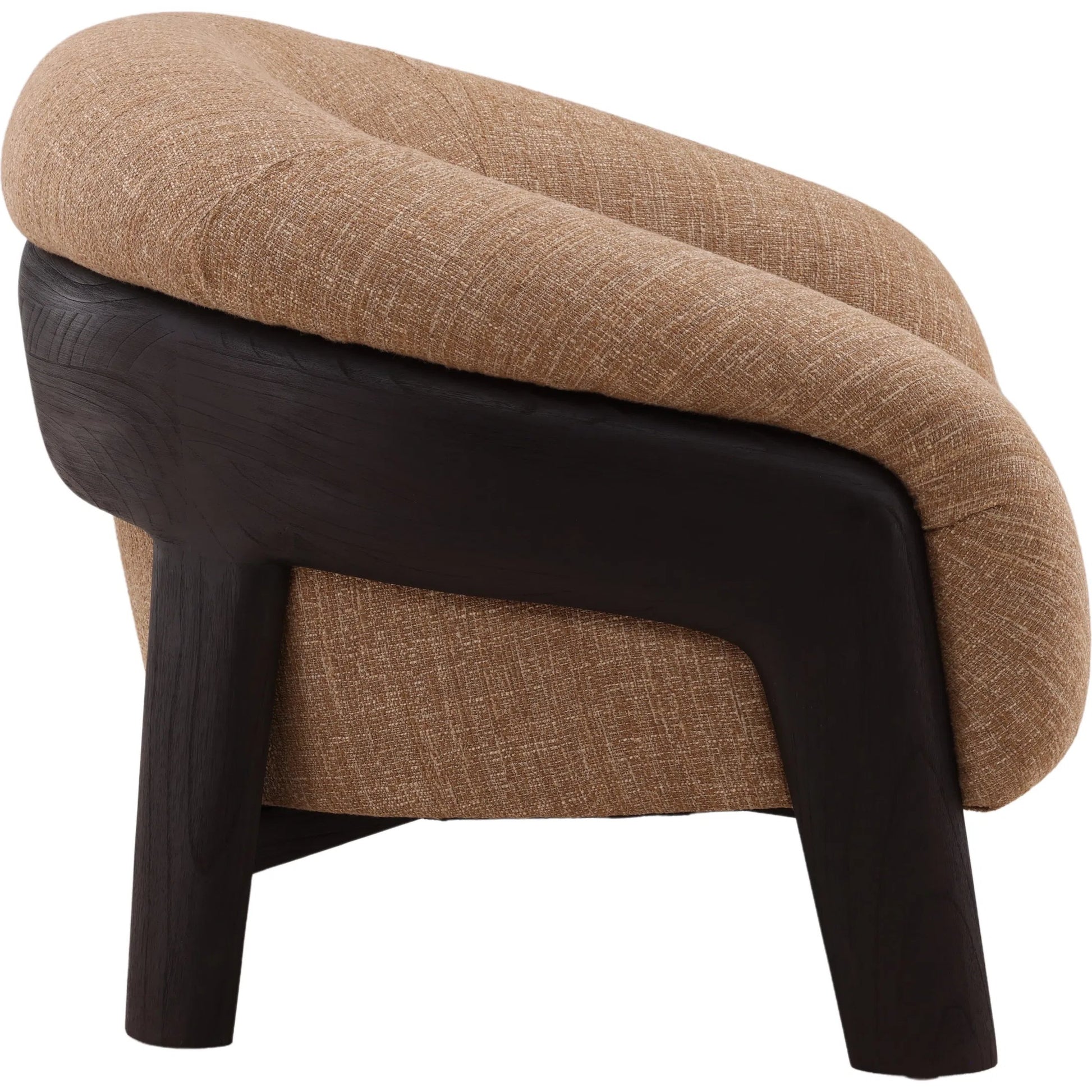 Rosella Occasional Chair by Arch & Plane in brown, dark brown. Made from burlap fabric, mindi wood in a unique style.