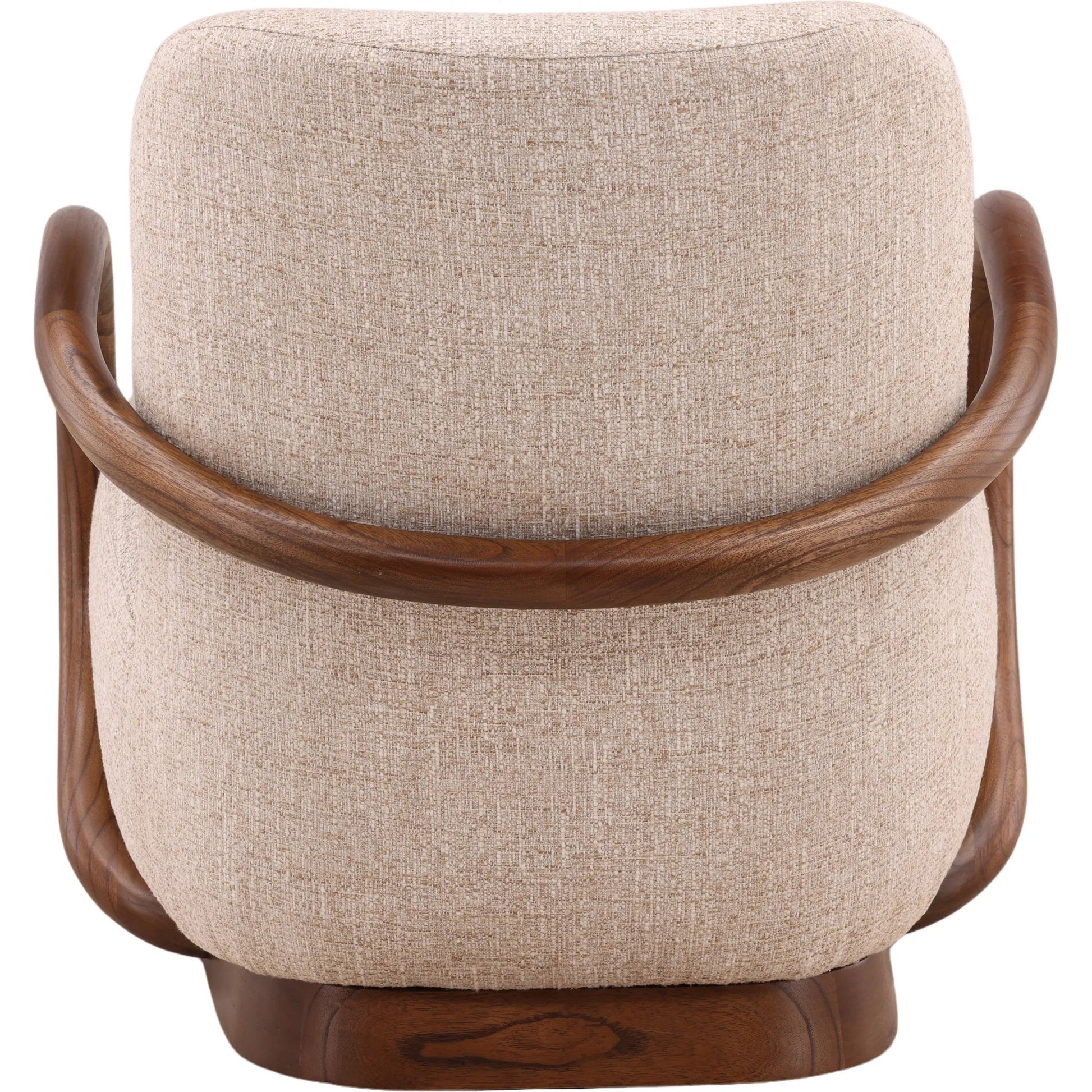 Lynsey Occasional Chair by Arch & Plane in field fawn, brown. Made from tweed fabric, mindi wood in a unique style.