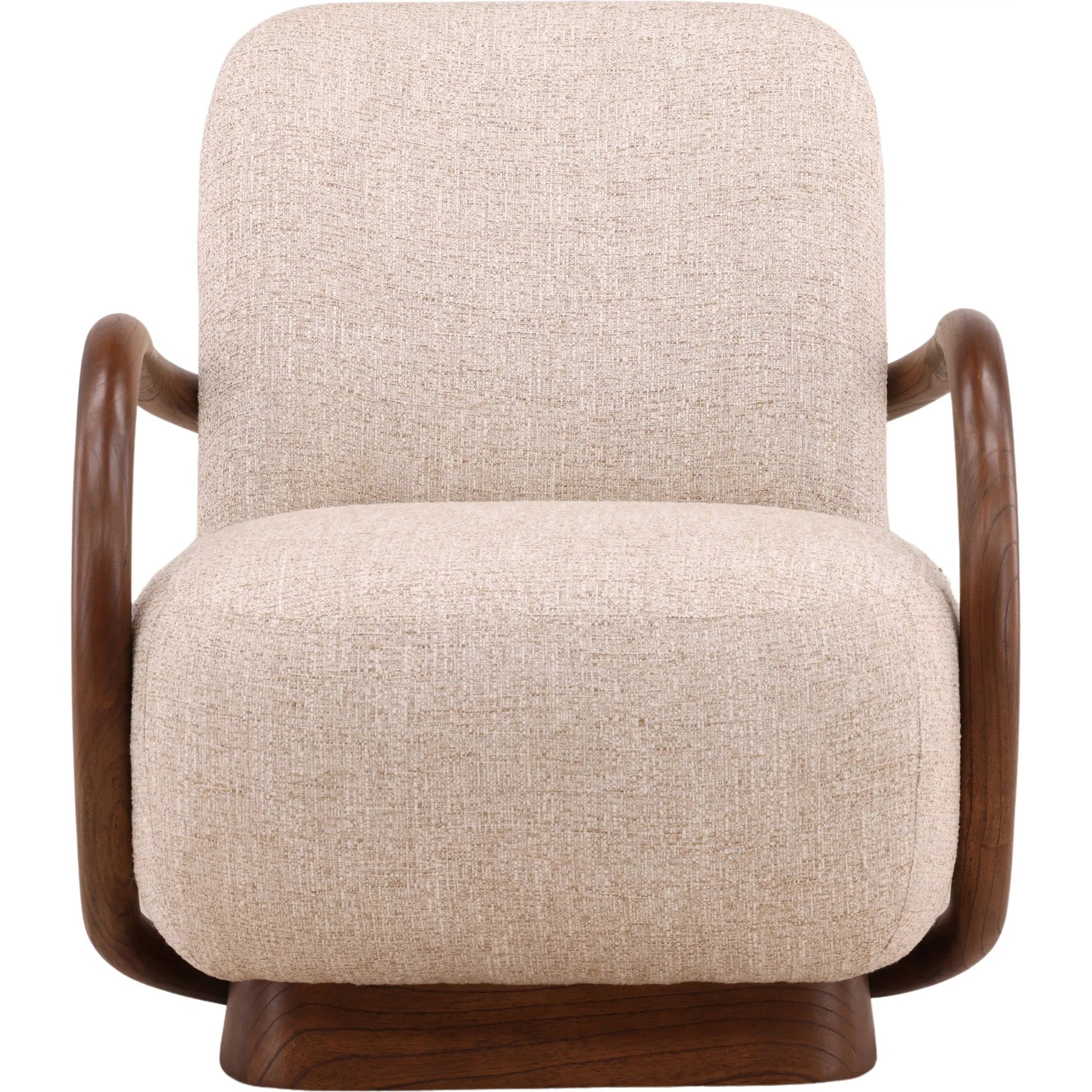 Lynsey Occasional Chair by Arch & Plane in field fawn, brown. Made from tweed fabric, mindi wood in a unique style.
