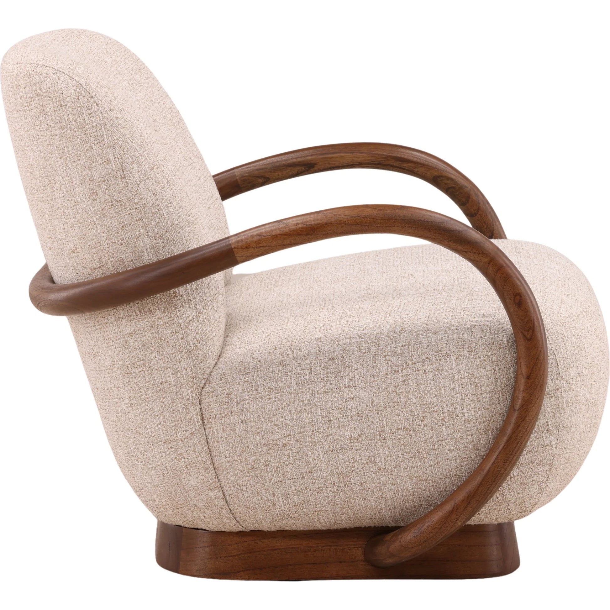 Lynsey Occasional Chair by Arch & Plane in field fawn, brown. Made from tweed fabric, mindi wood in a unique style.