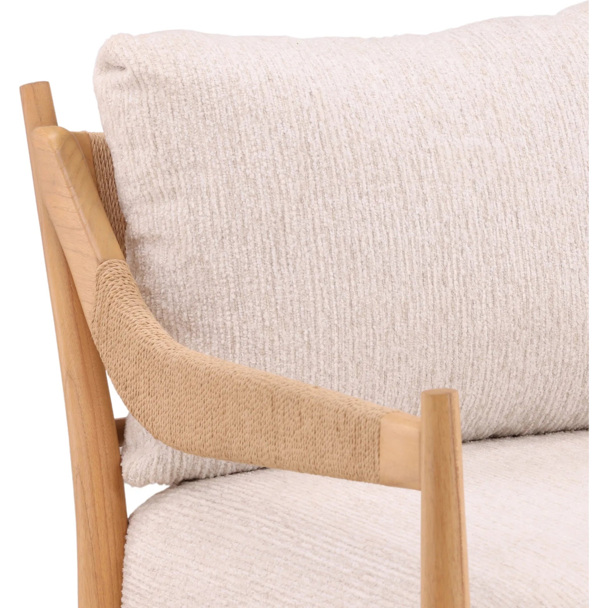 Delpha Occasional Chair by Arch & Plane in ellery cream, natural. Made from chenille fabric, mindi wood in a unique style.