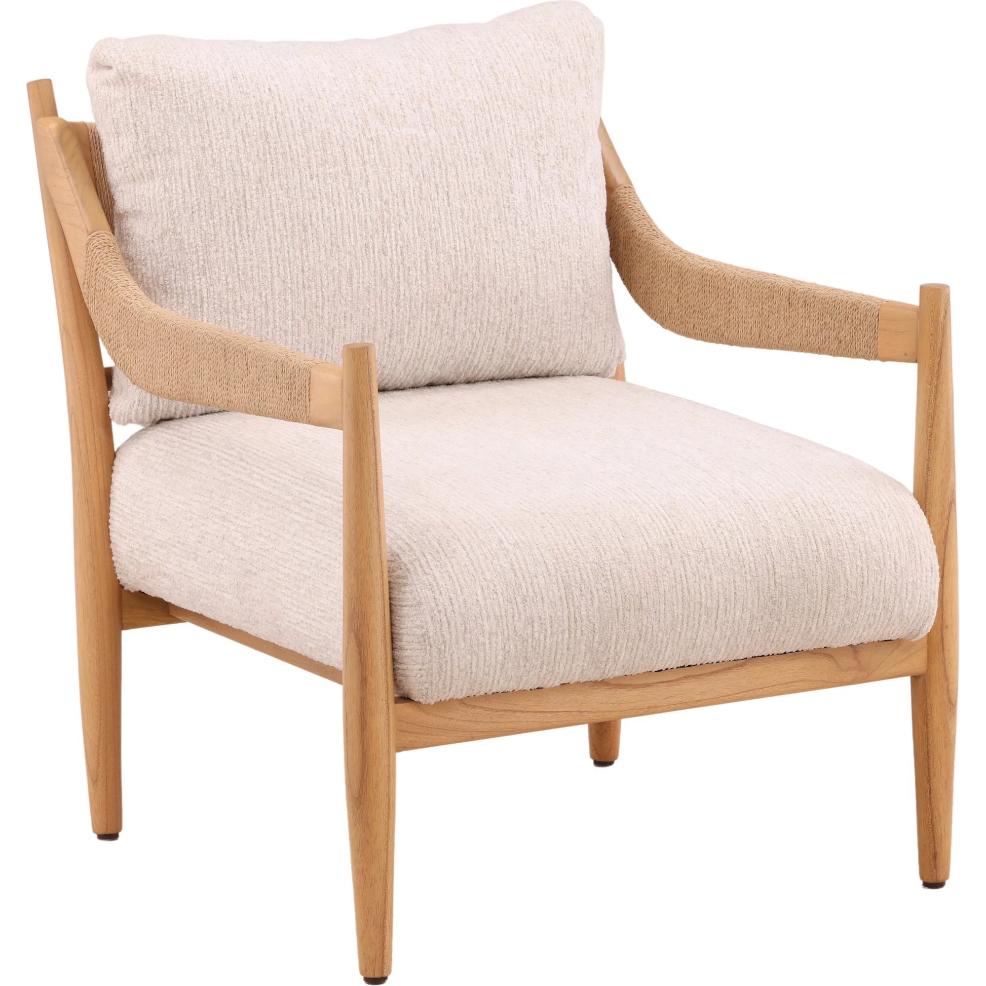 Delpha Occasional Chair by Arch & Plane in ellery cream, natural. Made from chenille fabric, mindi wood in a unique style.