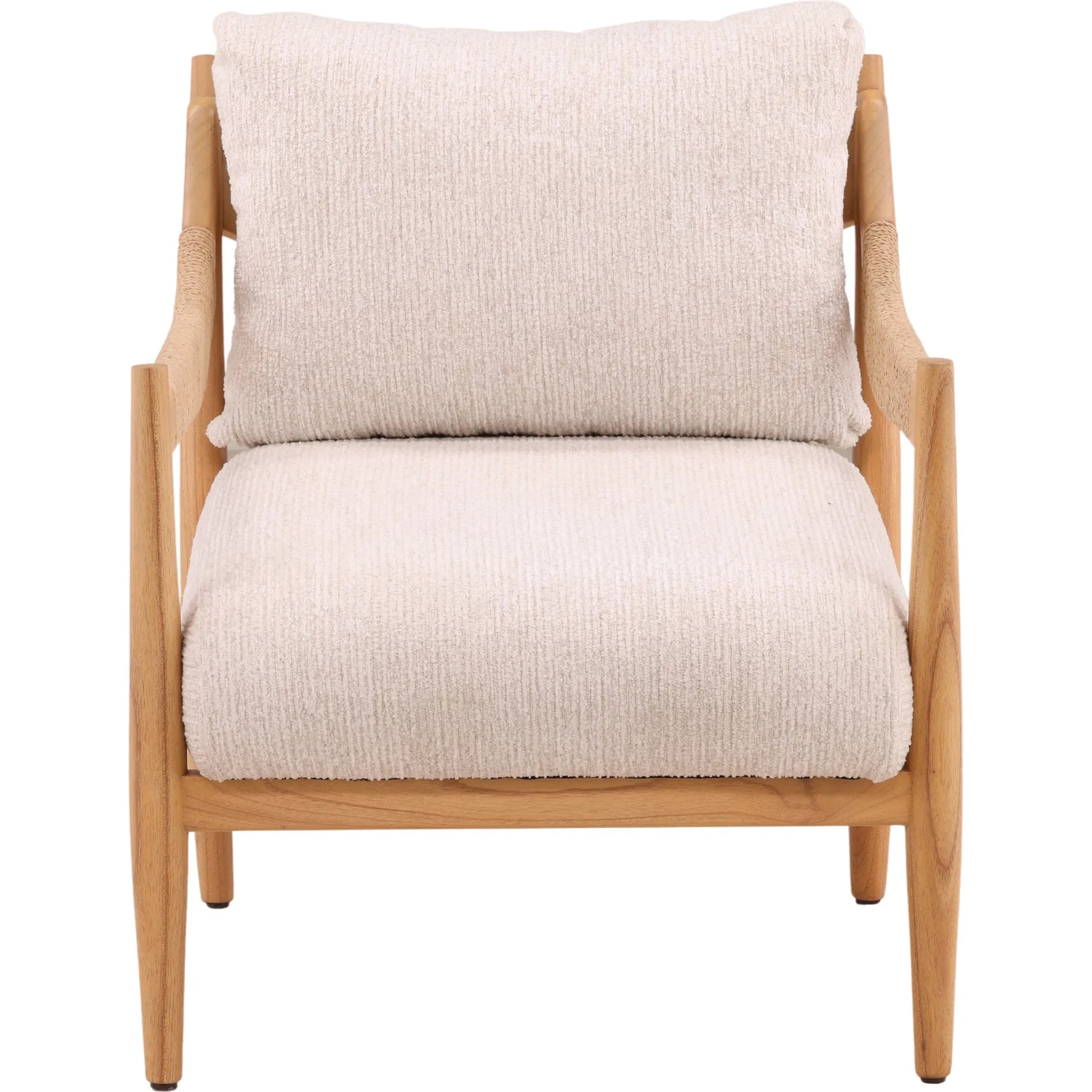 Delpha Occasional Chair by Arch & Plane in ellery cream, natural. Made from chenille fabric, mindi wood in a unique style.