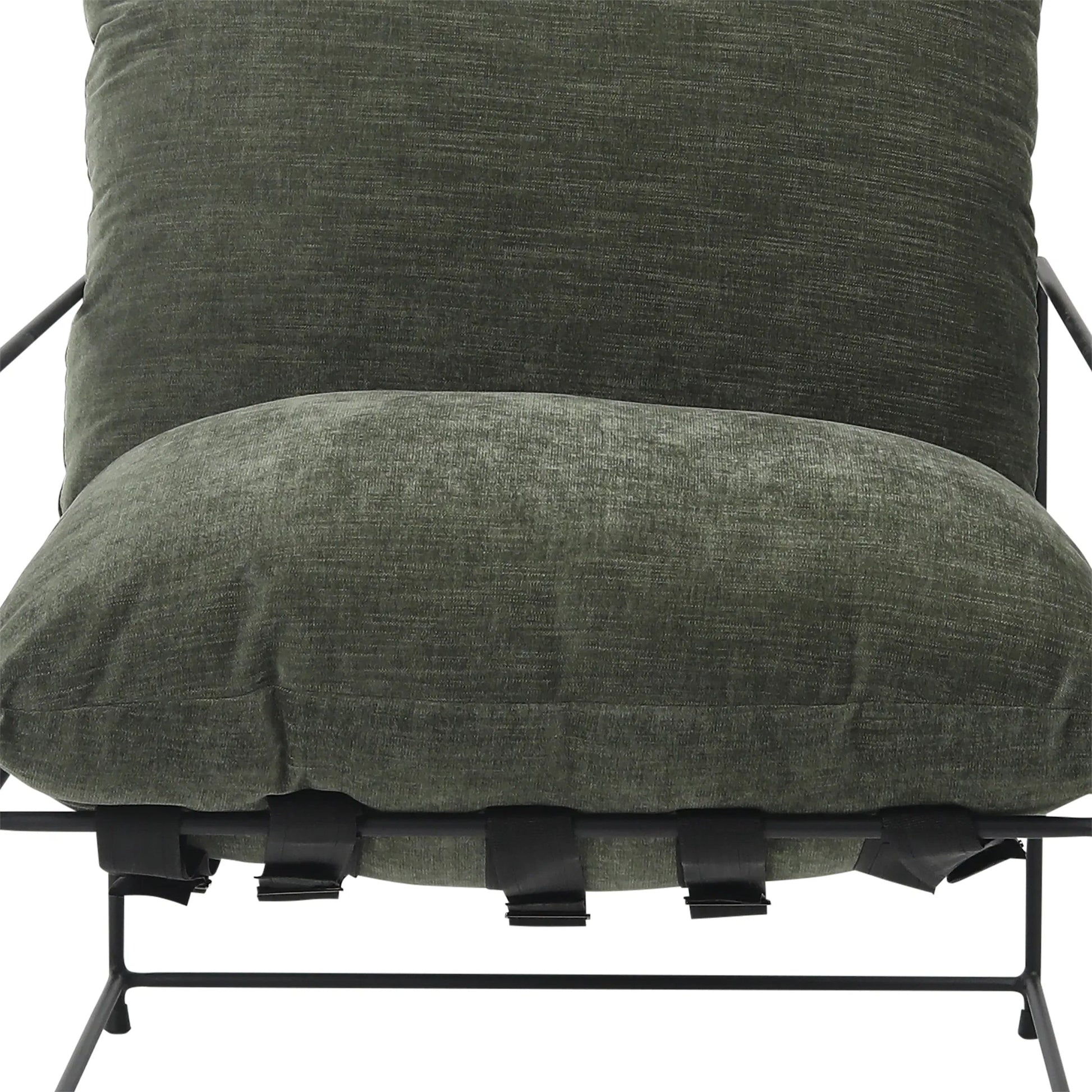 Inska Occasional Chair by Arch & Plane in fern green with black iron frame. Made from low pile chenille upholstery with metal frame in a unique style.
