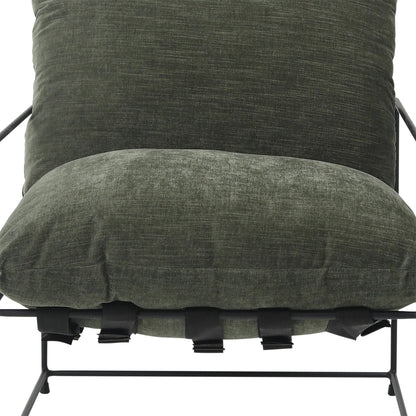 Inska Occasional Chair by Arch & Plane in fern green with black iron frame. Made from low pile chenille upholstery with metal frame in a unique style.