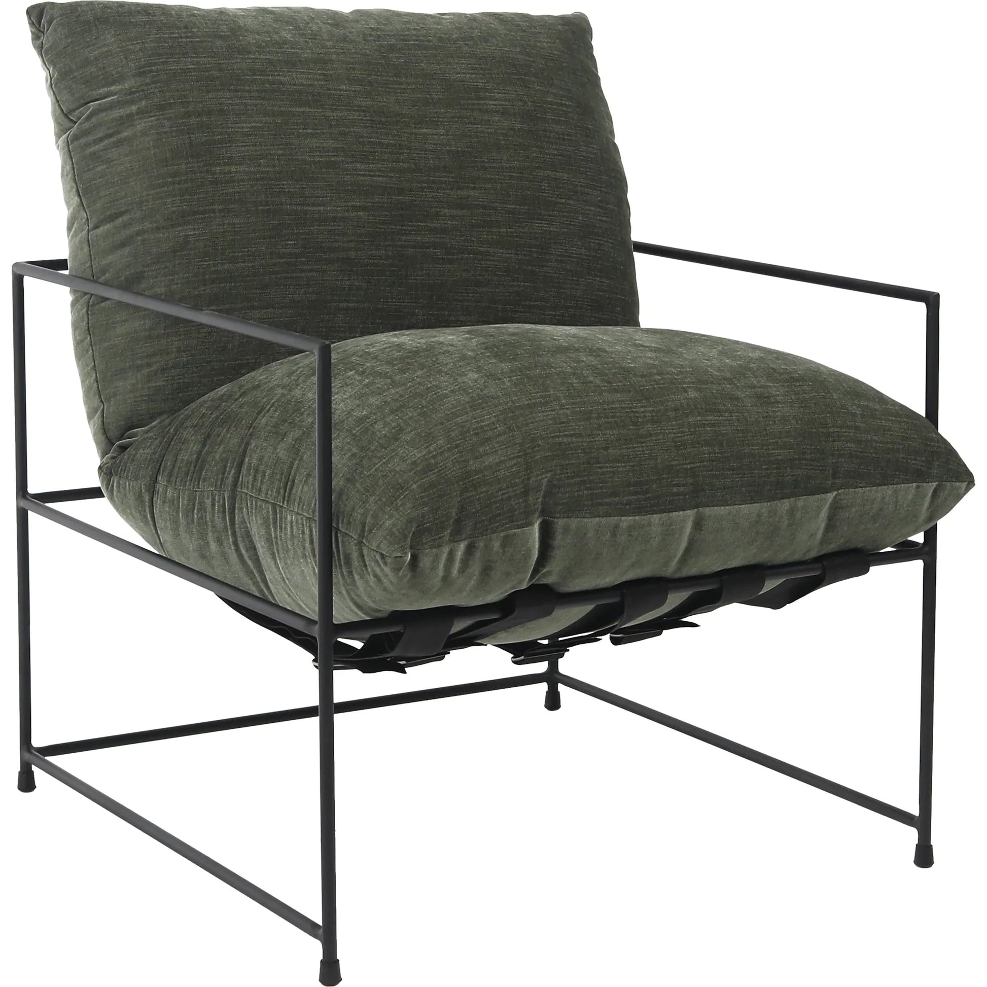Inska Occasional Chair by Arch & Plane in fern green with black iron frame. Made from low pile chenille upholstery with metal frame in a unique style.
