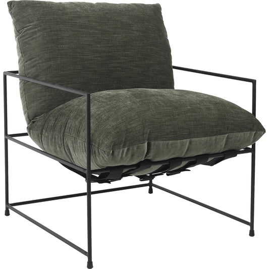 Inska Occasional Chair by Arch & Plane in fern green with black iron frame. Made from low pile chenille upholstery with metal frame in a modern style.
