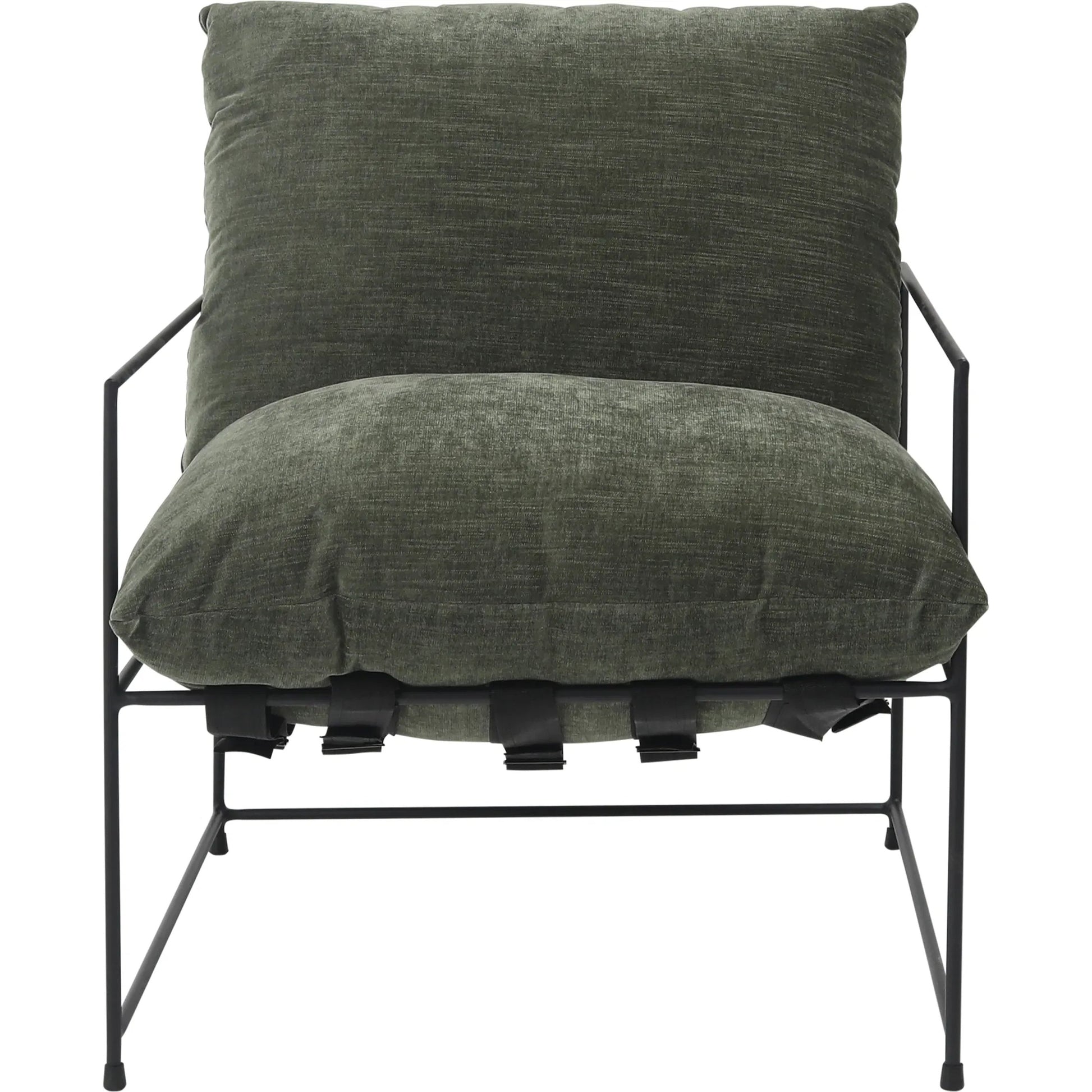 Inska Occasional Chair by Arch & Plane in fern green with black iron frame. Made from low pile chenille upholstery with metal frame in a unique style.