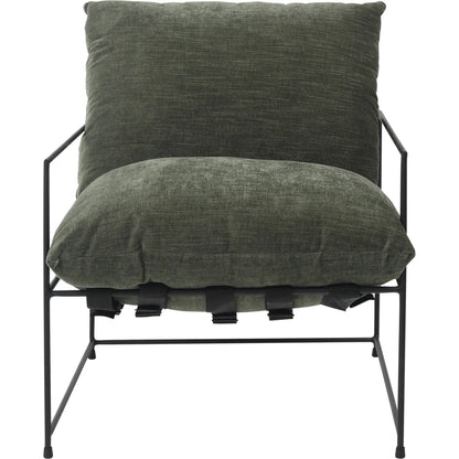 Inska Occasional Chair by Arch & Plane in fern green with black iron frame. Made from low pile chenille upholstery with metal frame in a unique style.