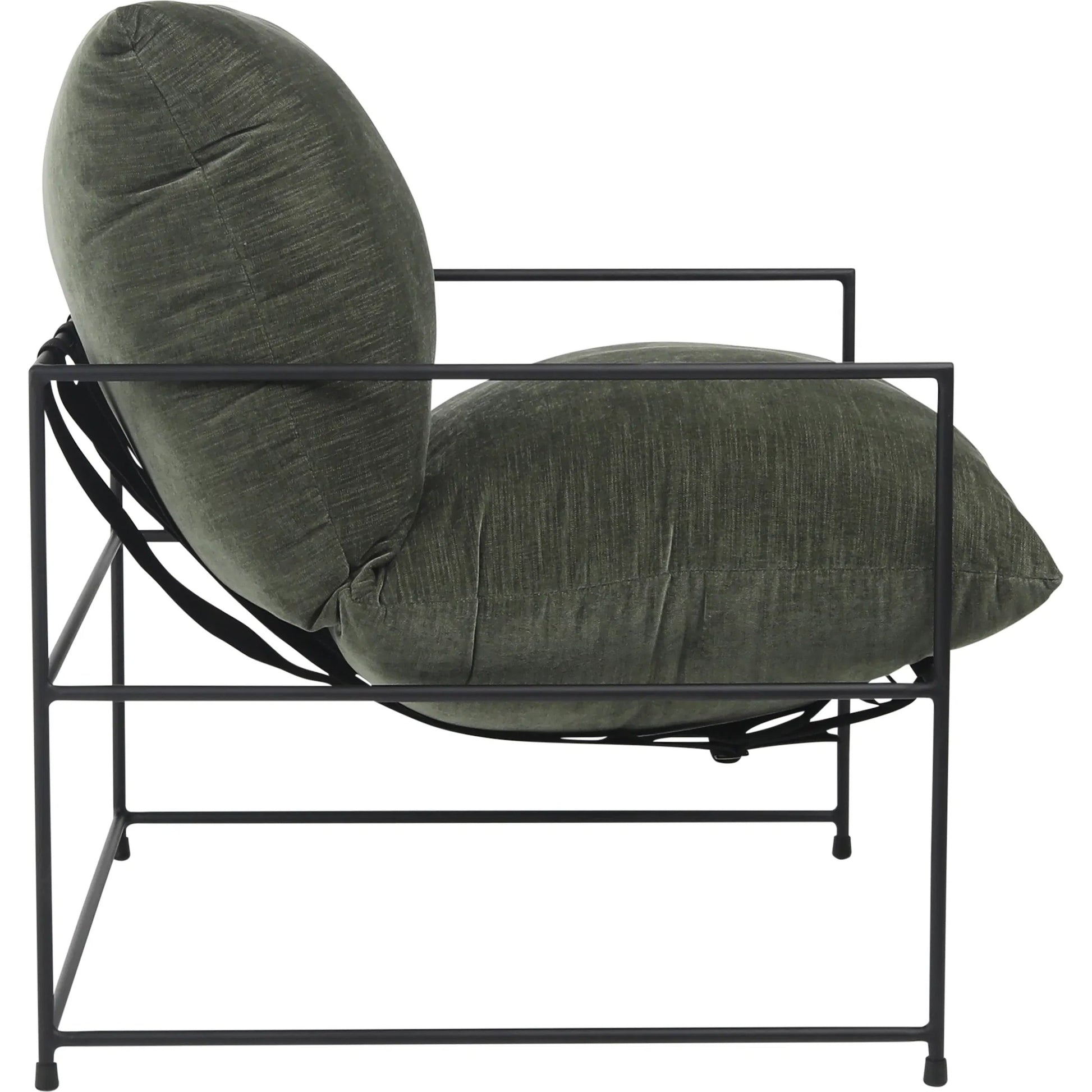 Inska Occasional Chair by Arch & Plane in fern green with black iron frame. Made from low pile chenille upholstery with metal frame in a unique style.