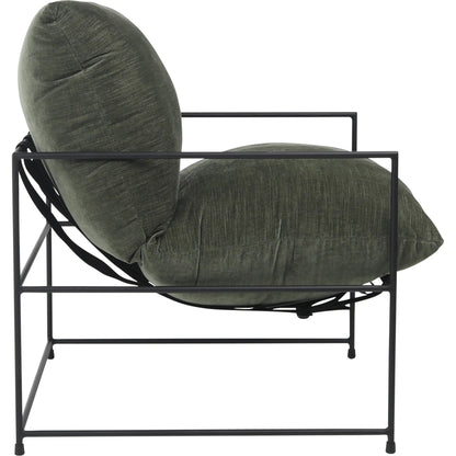 Inska Occasional Chair by Arch & Plane in fern green with black iron frame. Made from low pile chenille upholstery with metal frame in a unique style.