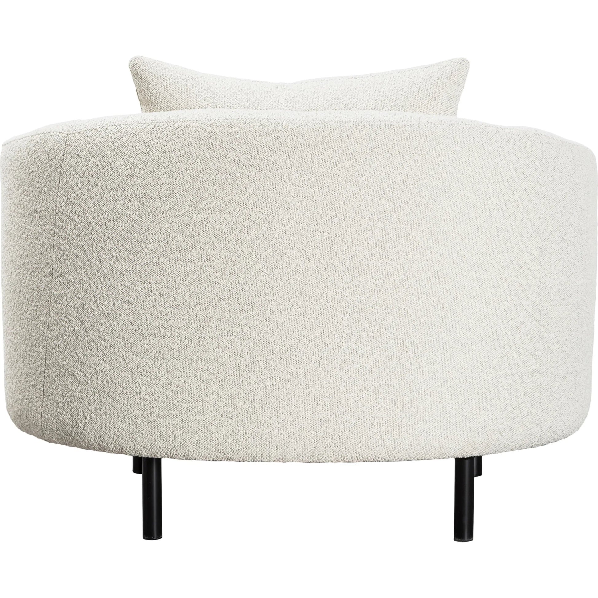Karolyn White Boucle Barrel Chair with Throw Pillows by Arch & Plane in white, matte black and fabric. Made from boucle in a modern style.