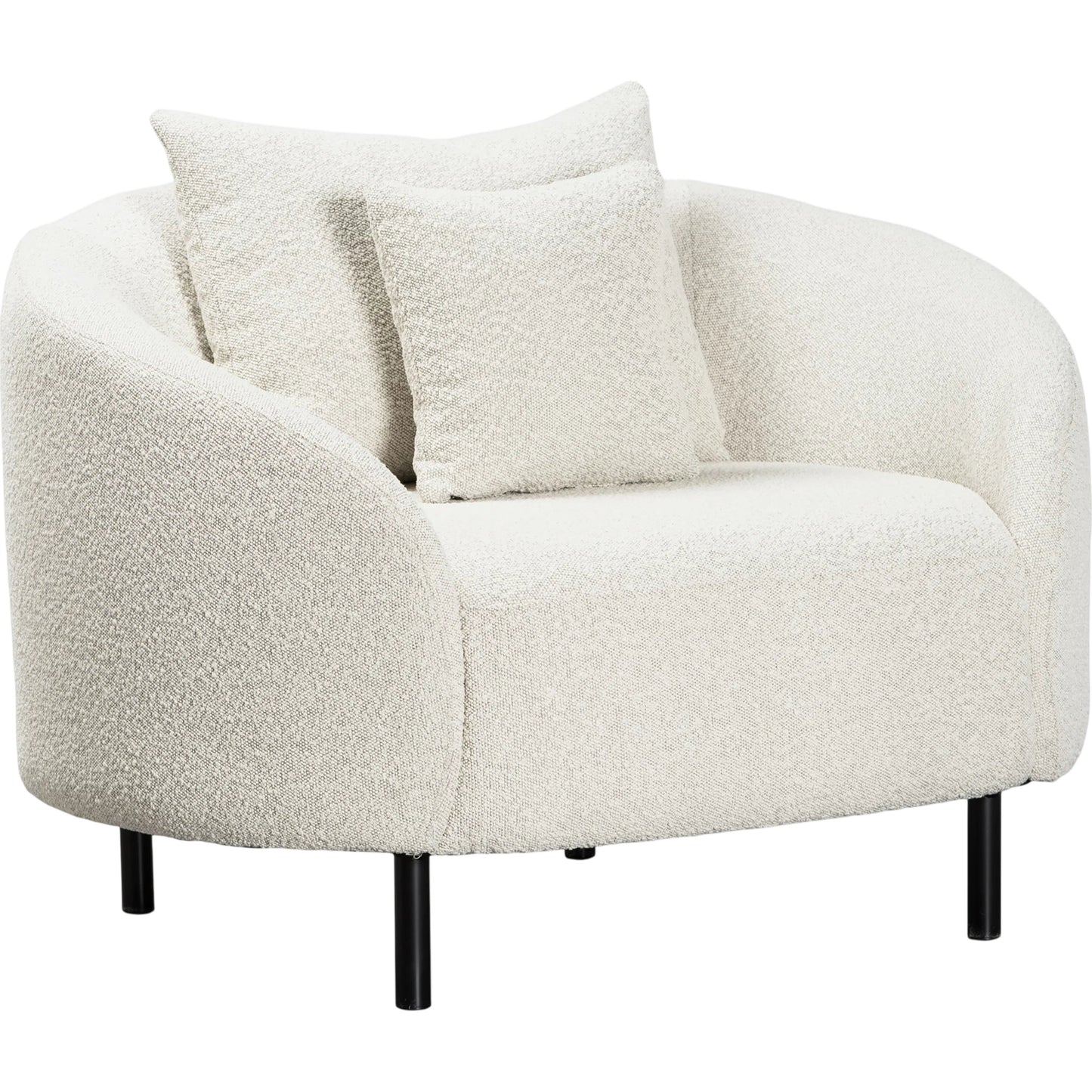 001 SI-1924331 | Primary Silo | Karolyn White Boucle Barrel Chair with Throw Pillows by Arch & Plane in white, matte black and fabric. Made from boucle in a modern style.