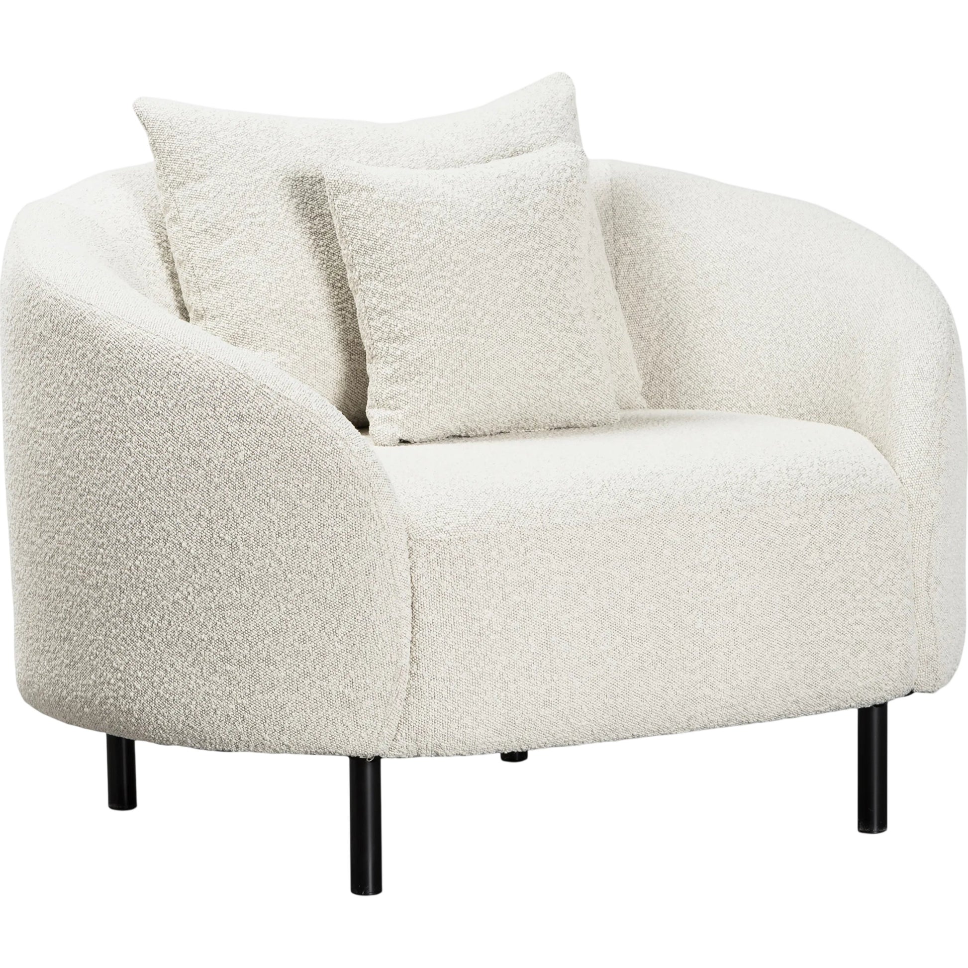 Karolyn White Boucle Barrel Chair with Throw Pillows by Arch & Plane in white, matte black and fabric. Made from boucle in a modern style.