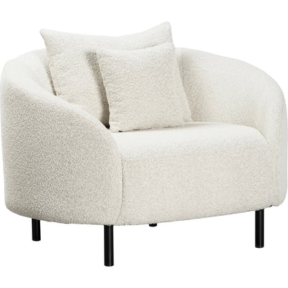 Karolyn White Boucle Barrel Chair with Throw Pillows by Arch & Plane in white, matte black and fabric. Made from boucle in a modern style.
