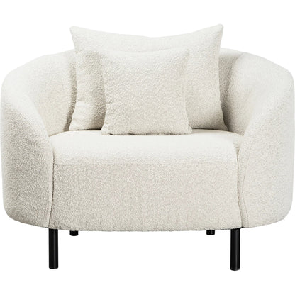 Karolyn White Boucle Barrel Chair with Throw Pillows by Arch & Plane in white, matte black and fabric. Made from boucle in a modern style.