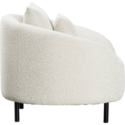 Karolyn White Boucle Barrel Chair with Throw Pillows by Arch & Plane in white, matte black and fabric. Made from boucle in a modern style.