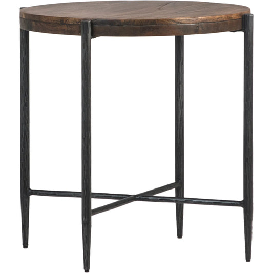 Casoria Side Table by Arch & Plane in antique medium brown wood, black iron legs. Made from mango wood, forged steel base in a unique style.
