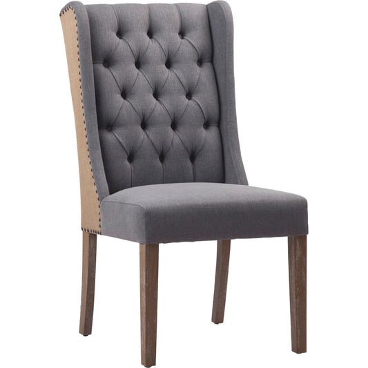 Cherri Jute and Linen Wingback Dining Chair by Arch & Plane in dark grey, natural brown and two-toned button tufted dining chair. Made from linen in a traditional style.